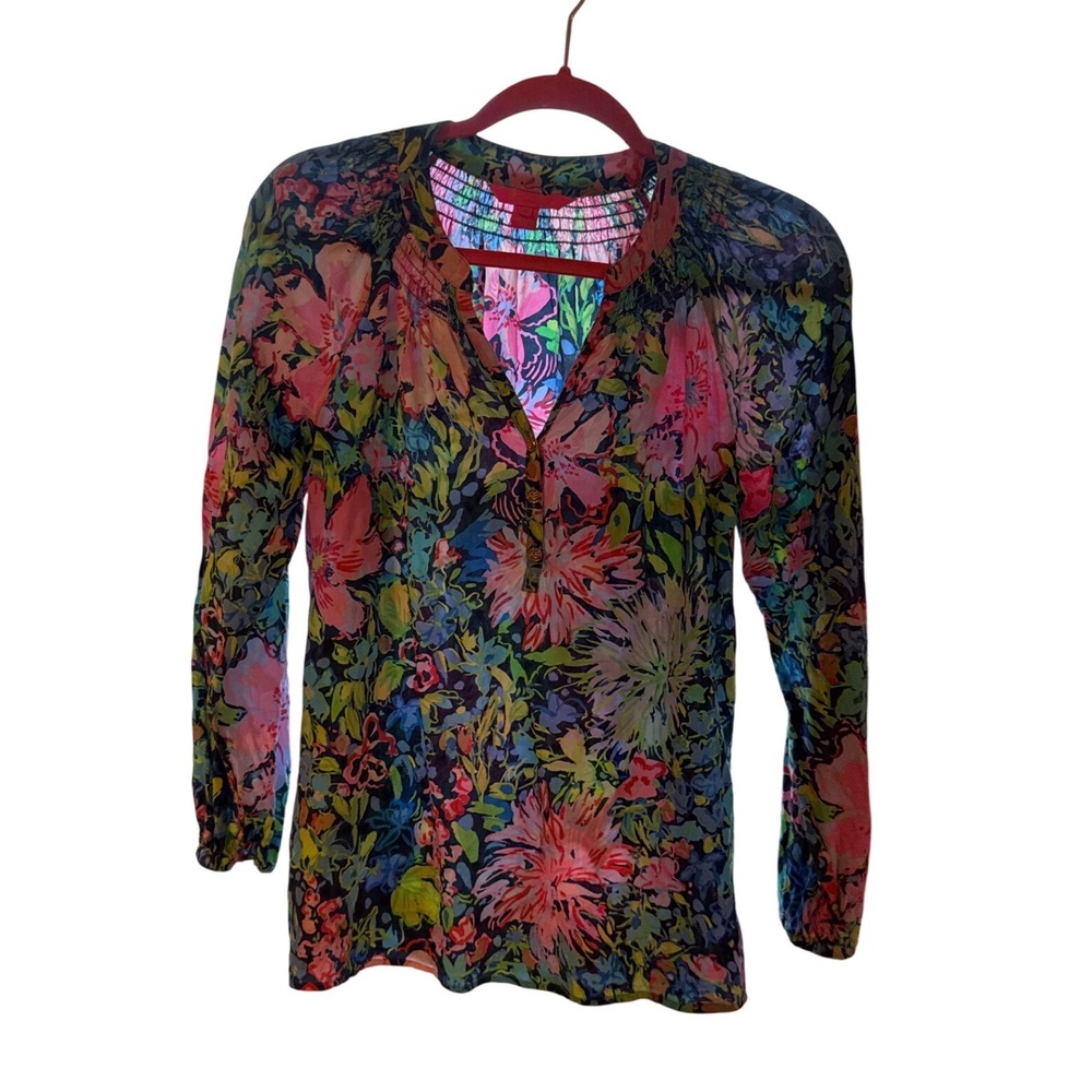 Lilly Pulitzer Women's Small 100% Silk Floral Smocked V-Neck Blouse Multi-Color